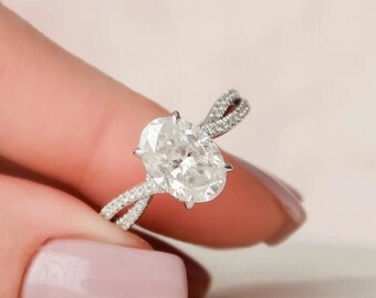 Anillo de compromiso de moissanita de corte ovalado alargado de 2,00 ct, anillo de aniversario, racimo de halo oculto, regalo de promesa nupcial, anillo de diamantes con caña torcida