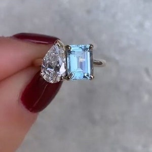 Two Stone Vintage Ring, Aquamarine Engagement Ring Women, March Birthstone Ring, Aquamarine Gemstone Ring, Toi Et Moi Diamond Ring