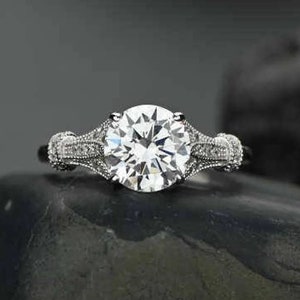 Brilliant Cut Moissanite Ring, 8mm Moissanite Ring, Vintage Moissanite Engagement Ring, Art Deco Ring, 925 Sterling Silver, Gift for women