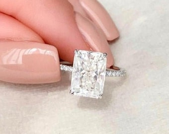 2.5 CT Radiant Cut Moissanite Engagement Ring, Radiant Cut Lab Created Engagement Ring Hidden Halo Ring Womens Dainty Ring Promise Ring