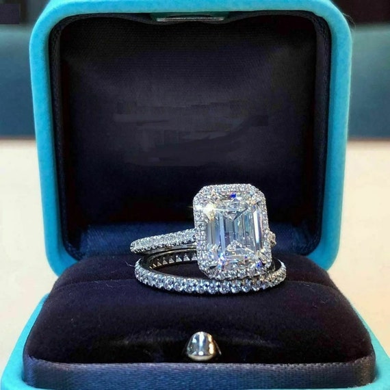 Emerald Cut Diamond Halo Engagement Rings, Bridal Ring Set, Emerald  Diamond Rings, White Gold Plated Ring Set, Luxury Bridal Rings