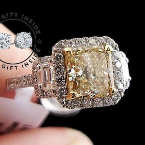 Unique 2.35 Ct Yellow Radiant Cut Diamond Engagement Ring, Anniversary Promise Ring, Three Stone Halo Diamond Wedding Ring Lab Diamond Ring