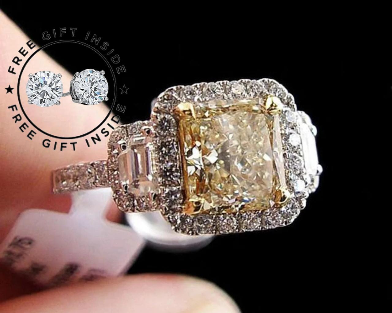 Unique 2.35 Ct Yellow Radiant Cut Diamond Engagement Ring, Anniversary Promise Ring, Three Stone Halo Diamond Wedding Ring Lab Diamond Ring