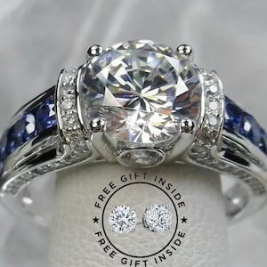 Moissanite & Sapphire Diamond Rings, 2.07 CT VVS1 Round Moissanite Rings, Unique Engagement Rings, Anniversary Rings, Wedding Rings
