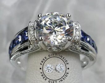 Moissanite & Sapphire Diamond Rings, 2.07 CT VVS1 Round Moissanite Rings, Unique Engagement Rings, Anniversary Rings, Wedding Rings
