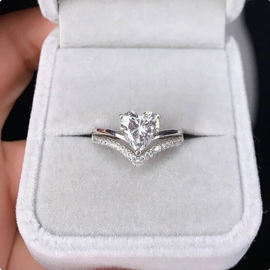 Timant Heart Set 1.90 CT Heart Cut Moissanite Ring Set, Heart Shaped Lab Created Diamond ...