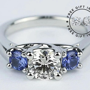 Moissanite and Sapphire 3 Stone Engagement Ring, Round Cut 2.40 CTW Diamond & Sapphire 3 Stone Ring 925 Sterling Silver Engagement Ring