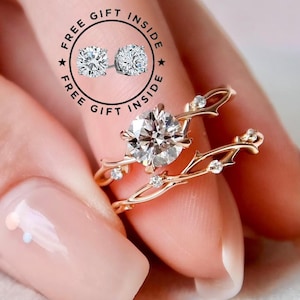 1 CT Dainty Twig Engagement Set, Rose Gold Finish Branch Bridal Set, Nature Inspired Wedding Set