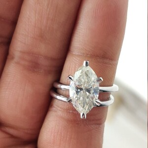 2.30 Carat Marquise Cut Moissanite Wedding Ring Set, Matching Plain Band Set, Solitaire Ring, Lab Created Diamond Engagement Ring Set