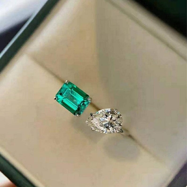 Toi Et Moi Emerald Cut and Pear Cut Diamond Ring, Open Adjustable Ring ...