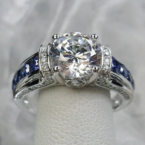 Moissanite & Sapphire Diamond Rings, 2.07 CT VVS1 Round Moissanite Rings, Unique Engagement Rings, Anniversary Rings, Wedding Rings