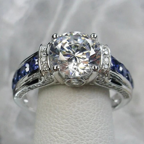 Pierścionki z diamentami z moissanitem i szafirem, okrągłe pierścionki z moissanitem o masie 2,07 ct i próbie VVS1, wyjątkowe pierścionki zaręczynowe, pierścionki rocznicowe, obrączki ślubne