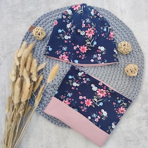 Beanie und Loop, Set Mütze und Schal, Schlauchschal, Biostoffe, Kind, Baby, Biojersey, Blütentraum, Wendebeanie, Wendeloop
