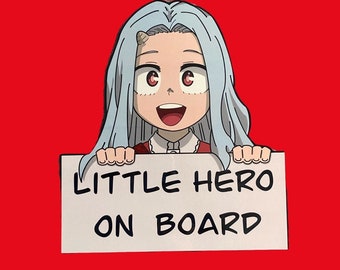 May include: A white sign with the text "LITTLE HERO ON BOARD" in black lettering. A cartoon character with white hair and a red shirt is holding the sign.