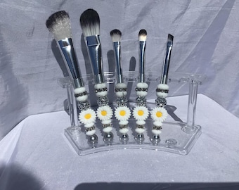 Beaded Makeup Brush Set, Silver with Daisy Bead, 5 Piece