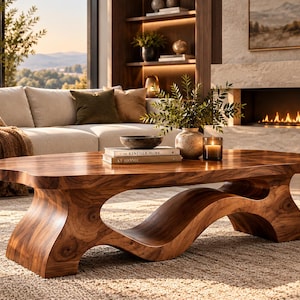 Op de afbeelding: Een lage salontafel van massief hout met een natuurlijke nerfafwerking, voorzien van een glad, onregelmatig ovaal blad en een sculpturale, golvende voet. Twee gestapelde boeken met de titels The Kinfolk Home en At Home liggen op het oppervlak.