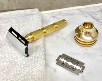 New Solid Plain Brass DE Safety Razor Handle & Stand High Grip Handmade Carved Razors Universal Handle Razor Holder Gold Exclusive Shaving