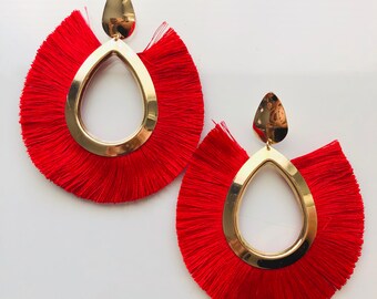 Boucles d'oreilles rouges bohèmes à franges | boucles d'oreilles colorées en forme de franges | boucles d'oreilles audacieuses | Boucles d'oreilles audacieuses, Boucles d'oreilles élégantes/Anniversaire