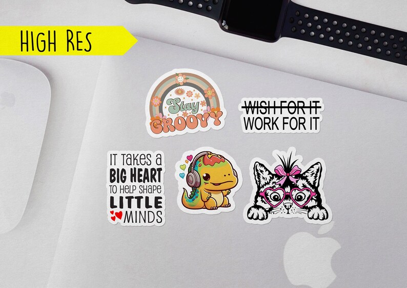 May include: Four colorful stickers with different designs and text. The first sticker features a rainbow with the text "Stay Groovy". The second sticker features a dinosaur wearing headphones with the text "It takes a big heart to help shape little minds". The third sticker features a cat wearing heart-shaped glasses with the text "Wish for it work for it". The fourth sticker features a rainbow with the text "Stay Groovy".