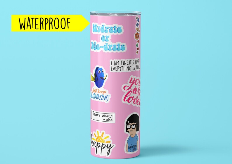 May include: Pink stainless steel tumbler with various stickers, including "Hydrate or Die-drate", "Just Keep Swimming", "You are loved", and "Everything is Okay".