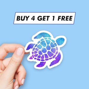 May include: A watercolor-style turtle sticker in shades of blue and purple, held against a light blue background. The sticker has a white border and the text "BUY 4 GET 1 FREE" in a white rectangle.