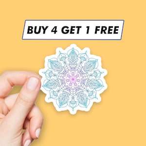 May include: A blue and pink mandala sticker with a white background. The sticker has a "BUY 4 GET 1 FREE" text banner above it.