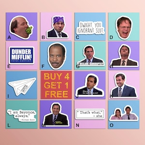 May include: A set of 15 stickers featuring characters and quotes from the TV show The Office. The stickers are printed on white paper with a glossy finish and have rounded corners. The stickers are arranged in a grid of 5 rows and 3 columns. The stickers feature characters such as Michael Scott, Dwight Schrute, Jim Halpert, Pam Beesly, and Angela Martin. The stickers also feature quotes from the show, such as "That's what she said" and "I declare bankruptcy!"