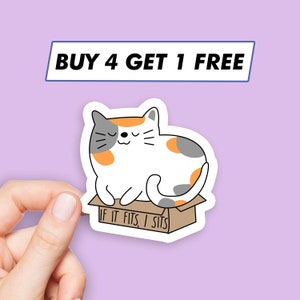 May include: A sticker featuring a cartoon calico cat sitting in a box with the text "If it fits, I sits".