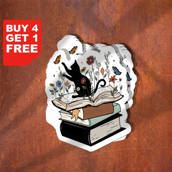 Cat Stacked Books Flower Sticker Cat Sticker, Funny Book Stickers, Books Laptop Decals, Tumbler Stickers, Car Stickers, Water Bottle Sticker