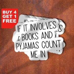 Sticker boeken en pyjama's, stickers grappige boeken, sticker grappige thee, sticker boeken, laptopstickers, stickers beker, boeken sticker, sticker waterfles