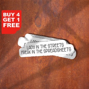 May include: White stickers with the text "LADY IN THE STREETS FREAK IN THE SPREADSHEETS" are stacked on a textured, brown background. A red corner graphic reads "BUY 4 GET 1 FREE".