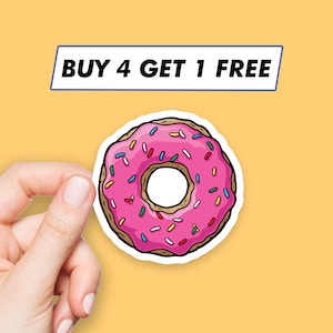 May include: A pink donut with colorful sprinkles, surrounded by a white border. The text "BUY 4 GET 1 FREE" is displayed above the donut.