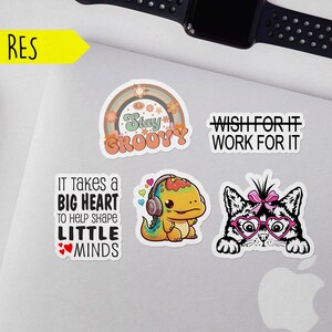 May include: Four colorful stickers with different designs and text. The first sticker features a rainbow with the text "Stay Groovy". The second sticker features a dinosaur wearing headphones with the text "It takes a big heart to help shape little minds". The third sticker features a cat wearing heart-shaped glasses with the text "Wish for it work for it". The fourth sticker features a rainbow with the text "Stay Groovy".