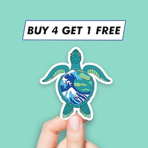 May include: A sticker featuring a blue and green sea turtle with a wave design inside its shell. The sticker has the text "BUY 4 GET 1 FREE" at the top.