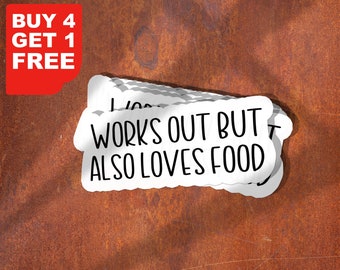 Works Out But Also Loves Food Sticker, Funny Sticker, Laptop Decals, Gym Tumbler Stickers, Water Bottle Sticker, Water Bottle Decal