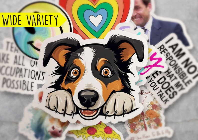 May include: A collection of stickers featuring a variety of designs, including a smiling face, a rainbow heart, a dog peeking over the edge, a pizza slice, and a sticker that says "I am not responsible that my wife does you talk".