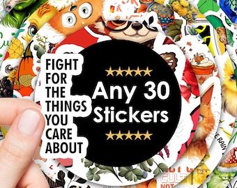 Puede incluir: Una colección de 30 pegatinas coloridas con varios diseños, incluyendo animales, plantas y frases inspiradoras. Las pegatinas están dispuestas en un círculo alrededor de un fondo negro con el texto "Any 30 Stickers" y cinco estrellas.