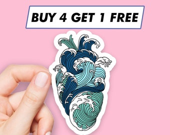 Adesivo a forma di cuore della Grande Onda, adesivi di Hokusai Kanagawa, adesivi per laptop, adesivi estetici, adesivi per computer, adesivi per bottiglie d'acqua, adesivi per laptop