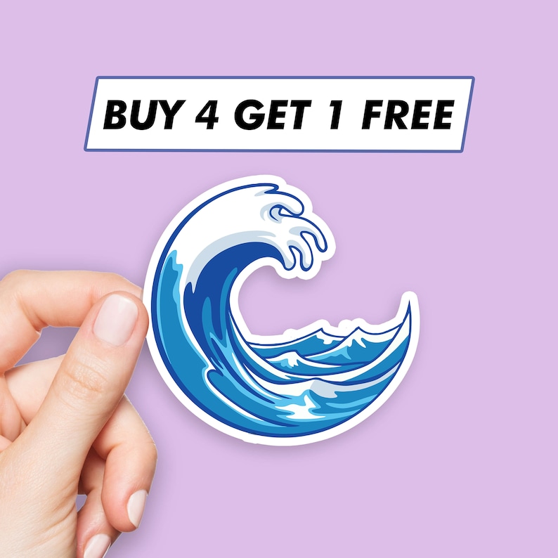 May include: A sticker featuring a stylized blue and white wave design. The sticker has a white border and is held against a light purple background. Text above the wave reads "BUY 4 GET 1 FREE".