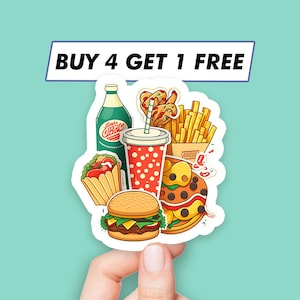 May include: A sticker featuring a cartoon illustration of a burger, fries, pizza, soda, and a cup of ice cream. The sticker has the text "BUY 4 GET 1 FREE" at the top.