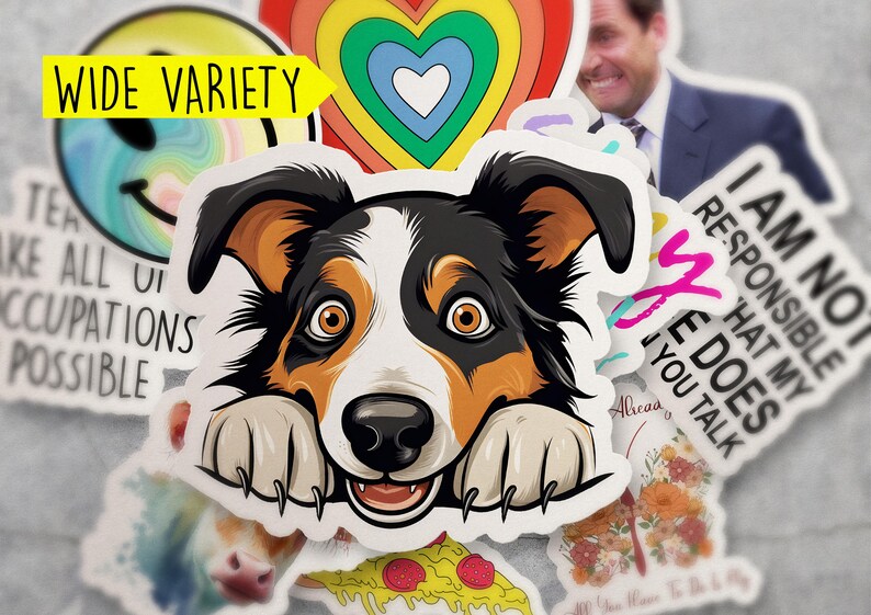 May include: A collection of colorful stickers featuring a smiling face, a rainbow heart, a dog peeking over the edge, a pizza slice, and a sticker with the text "I am not responsible that my wife does you talk".