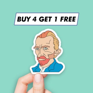 May include: A sticker featuring a cartoon illustration of Vincent van Gogh with a red beard and blue shirt. The sticker has the text "BUY 4 GET 1 FREE" at the top.