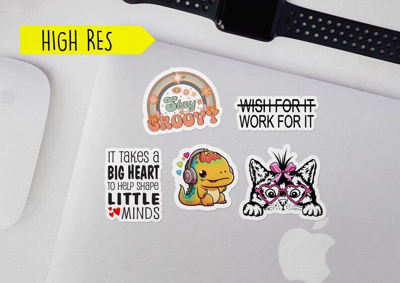 May include: Five colorful stickers with different designs and sayings. The stickers feature a rainbow with the words "Stay Groovy", a dinosaur wearing headphones with the words "It takes a big heart to help shape little minds", a cat wearing heart-shaped glasses with the words "Wish for it work for it", and two other stickers with text that is too small to read.