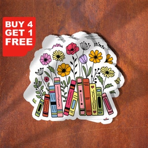 Gestapelde boeken bloemstickers, grappige boekstickers, boeken laptopstickers, bekerstickers, autostickers, sticker waterfles