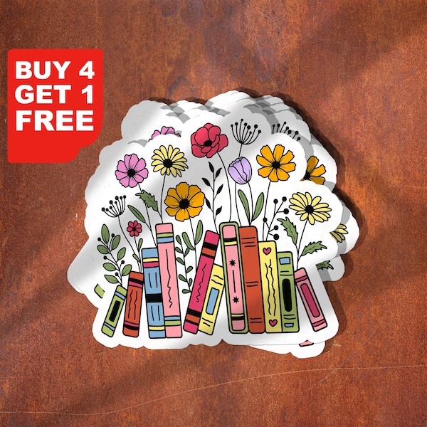 Stacked Books Flower Stickers, Funny Book Stickers, Books Laptop Decals, Tumbler Stickers, Car Stickers, Water Bottle Sticker