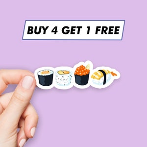 May include: A sticker with the text "BUY 4 GET 1 FREE" and a row of five sushi rolls. The sushi rolls are decorated with fish, shrimp, and roe.