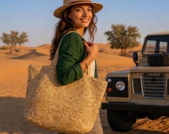 Gehäkelte Raffia Strandtasche, handgemachte Strohtasche für den Sommer, große ästhetische Schultertasche, nachhaltige gewebte Markttasche