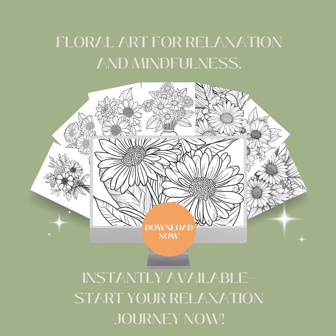 Floral Coloring Pages Bundle for Adults | 5 Printable Relaxation Coloring Pages | Instant Download