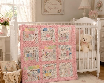 Dreams Begin Here | Handmade Pink Baby Quilt | 37 x 37 Log Cabin Nursery Quilt