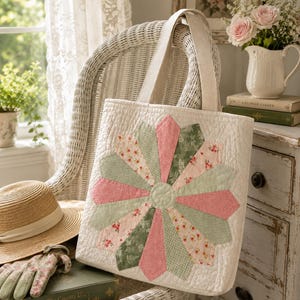 May include: A quilted tote bag featuring a central Dresden plate style flower motif in shades of sage green, soft pink, and cream. The bag is constructed from fabric with a textured, stitched pattern and includes two sturdy fabric handles at the top.
